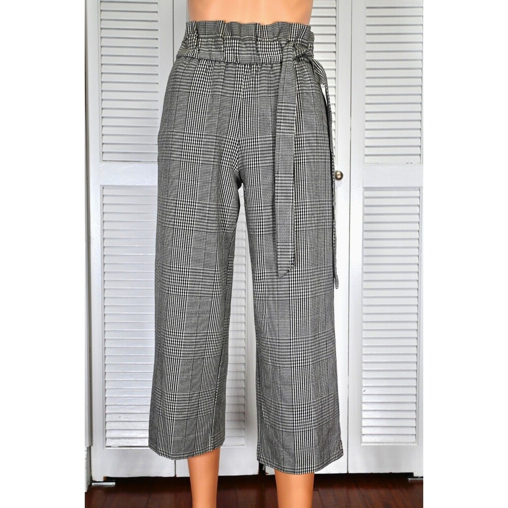ZARA TRF Plaid Paperbag Waist Cropped Pants Belted Wide Leg XS